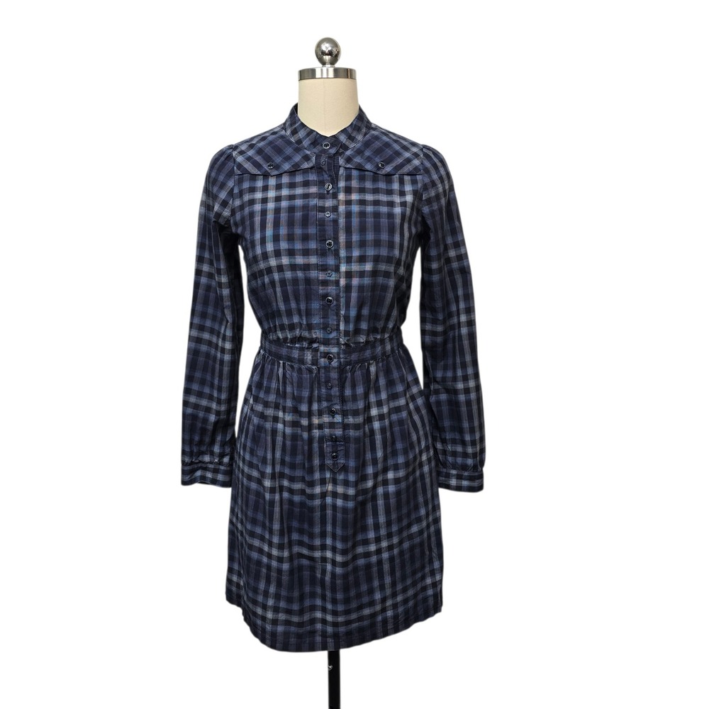 Sessun Scarlett Plaid Shirt Dress Navy Blue Grey Cotton Long Sleeve Womens XS